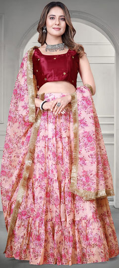 Festive, Party Wear, Reception Pink and Majenta color Lehenga in Organza Silk fabric with Flared Digital Print, Floral work : 1908171