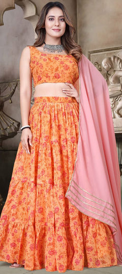 Festive, Party Wear, Reception Orange color Lehenga in Organza Silk fabric with Flared Digital Print, Floral work : 1908172