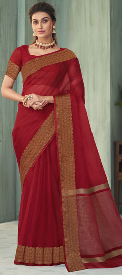 Party Wear, Traditional Red and Maroon color Saree in Organza Silk, Silk fabric with South Weaving, Zari work : 1908189