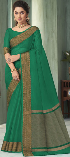 Party Wear, Traditional Green color Saree in Organza Silk, Silk fabric with South Weaving, Zari work : 1908190