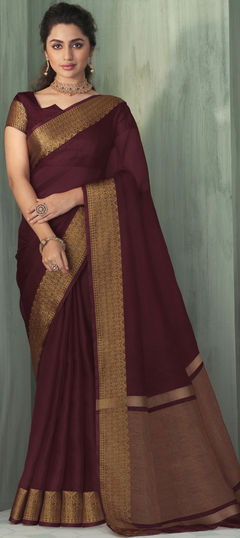 Party Wear, Traditional Red and Maroon color Saree in Organza Silk, Silk fabric with South Weaving, Zari work : 1908191