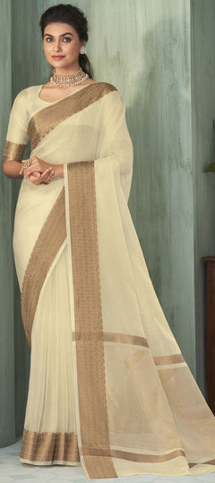 Party Wear, Traditional White and Off White color Saree in Organza Silk, Silk fabric with South Weaving, Zari work : 1908192