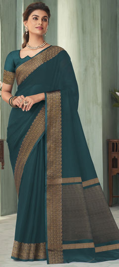 Party Wear, Traditional Blue color Saree in Organza Silk, Silk fabric with South Weaving, Zari work : 1908196