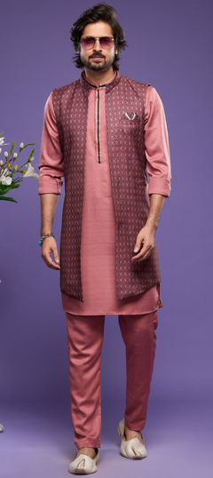 Red and Maroon color Kurta Pyjama with Jacket in Art Silk fabric with Digital Print work