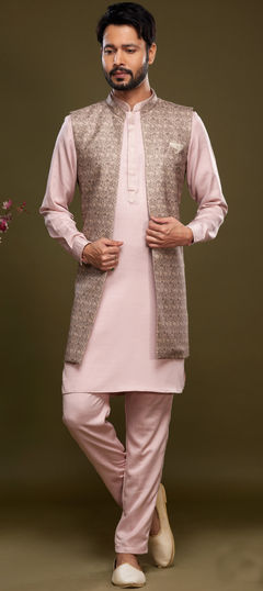 Pink and Majenta color Kurta Pyjama with Jacket in Art Silk fabric with Digital Print work