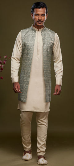 Beige and Brown color Kurta Pyjama with Jacket in Art Silk fabric with Digital Print work