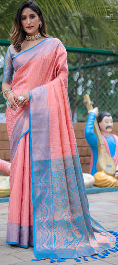 Pink and Majenta color Saree in Kanjeevaram Silk, Silk fabric with Weaving, Zari work