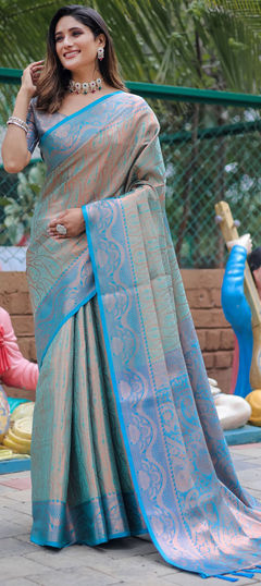 Blue color Saree in Kanjeevaram Silk, Silk fabric with Weaving, Zari work