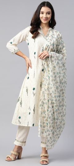 White and Off White color Salwar Kameez in Cotton fabric with Printed, Resham, Thread work