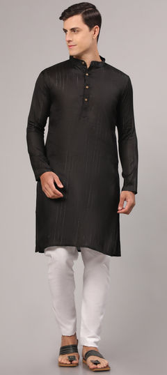 Party Wear Black and Grey color Kurta Pyjamas in Cotton fabric with Thread work : 1908321