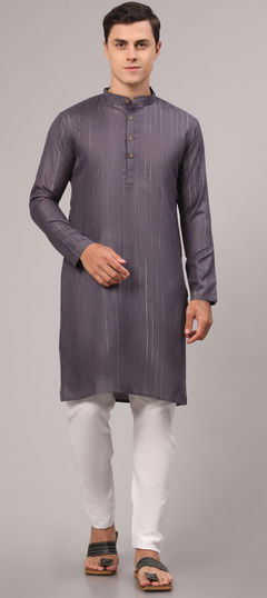 Party Wear Black and Grey color Kurta Pyjamas in Cotton fabric with Thread work : 1908323