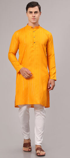 Party Wear Yellow color Kurta Pyjamas in Cotton fabric with Thread work : 1908325