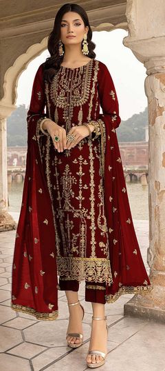 Party Wear, Reception Red and Maroon color Salwar Kameez in Georgette fabric with Straight Embroidered, Sequence, Thread work : 1908440