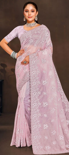 Pink and Majenta color Saree in Organza Silk, Silk fabric with Embroidered, Resham, Thread work