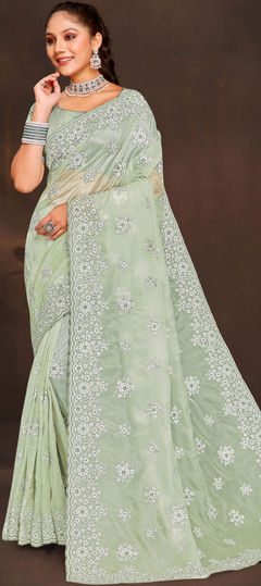 Green color Saree in Organza Silk, Silk fabric with Embroidered, Resham, Thread work