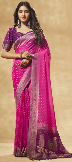 Pink and Majenta color Saree in Georgette fabric with Weaving work