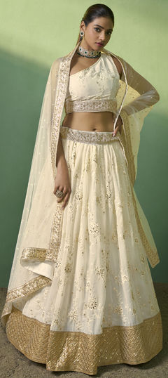 Beige and Brown color Lehenga in Georgette fabric with Embroidered, Sequence, Thread work