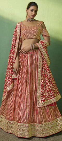 Red and Maroon color Lehenga in Georgette fabric with Embroidered, Sequence, Thread work