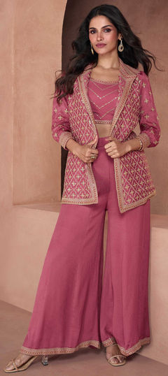 Festive, Party Wear Pink and Majenta color Salwar Kameez in Art Silk fabric with Palazzo Embroidered, Printed, Sequence work : 1908760