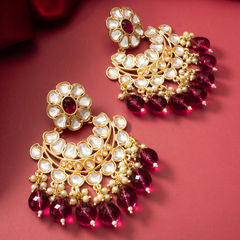 Gold Rodium Polish Pink and Majenta color Earrings in Metal Alloy studded with CZ Diamond, Kundan