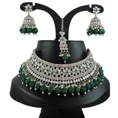Silver Rodium Polish Green color Necklace in Metal Alloy studded with CZ Diamond, Kundan, Pearl