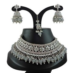 Silver Rodium Polish Black and Grey color Necklace in Metal Alloy studded with CZ Diamond, Kundan, Pearl