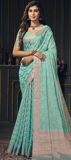 Blue color Saree in Georgette fabric with Weaving work