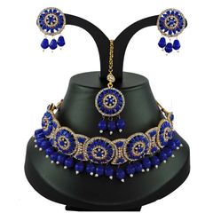 Gold Rodium Polish Blue color Necklace in Metal Alloy studded with CZ Diamond, Pearl