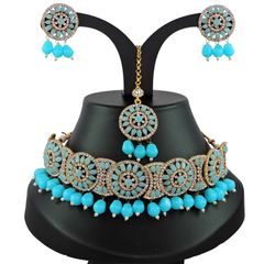 Gold Rodium Polish Blue color Necklace in Metal Alloy studded with CZ Diamond, Pearl