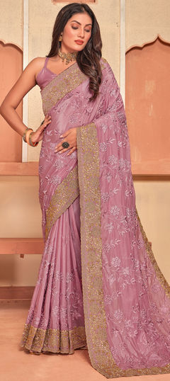 Pink and Majenta color Saree in Crepe Silk, Silk fabric with Embroidered, Resham, Stone, Thread, Zari work