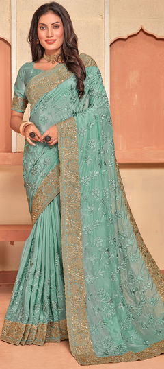 Green color Saree in Crepe Silk, Silk fabric with Embroidered, Resham, Stone, Thread, Zari work