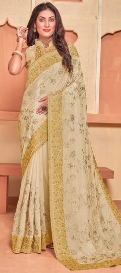 Beige and Brown color Saree in Crepe Silk, Silk fabric with Embroidered, Resham, Stone, Thread, Zari work