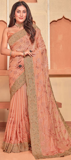 Pink and Majenta color Saree in Crepe Silk, Silk fabric with Embroidered, Resham, Stone, Thread, Zari work