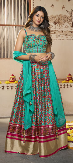 Multicolor color Lehenga in Silk fabric with Mirror, Thread work