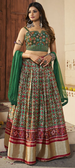 Multicolor color Lehenga in Silk fabric with Mirror, Thread work