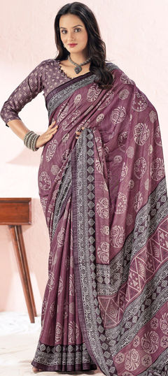 Casual, Traditional Purple and Violet color Saree in Silk, Tussar Silk fabric with South Printed work : 1909060