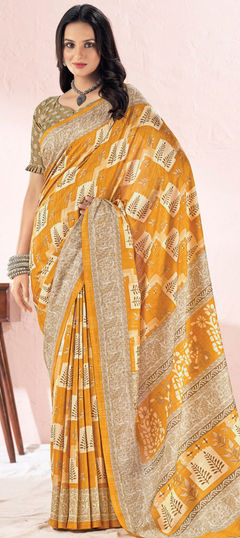 Casual, Traditional Yellow color Saree in Silk, Tussar Silk fabric with South Printed work : 1909066