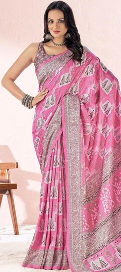 Casual, Traditional Pink and Majenta color Saree in Silk, Tussar Silk fabric with South Printed work : 1909067