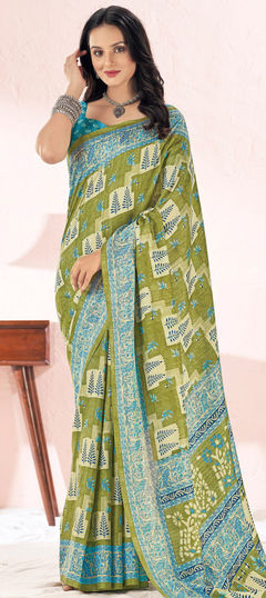 Casual, Traditional Green color Saree in Silk, Tussar Silk fabric with South Printed work : 1909069