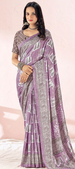 Casual, Traditional Purple and Violet color Saree in Silk, Tussar Silk fabric with South Printed work : 1909071