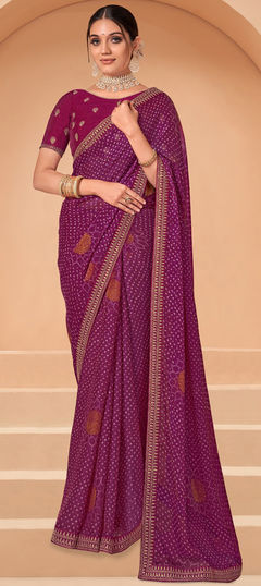 Purple and Violet color Saree in Chiffon fabric with Bandhej, Border, Printed work