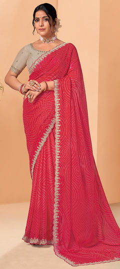 Festive, Reception Red and Maroon color Saree in Chiffon fabric with Classic, Rajasthani Bandhej, Embroidered, Printed, Sequence, Thread work : 1909087