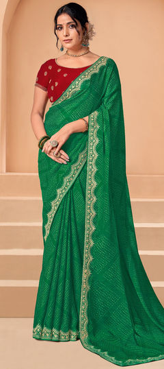 Green color Saree in Chiffon fabric with Bandhej, Embroidered, Printed, Sequence, Thread work