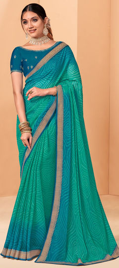 Blue color Saree in Chiffon fabric with Bandhej, Printed work