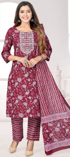 Festive, Party Wear Red and Maroon color Salwar Kameez in Cotton fabric with Straight Embroidered, Printed, Resham, Thread work : 1909155