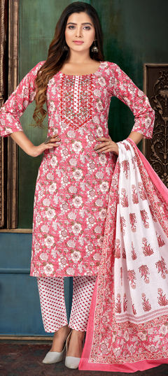 Festive, Party Wear Pink and Majenta color Salwar Kameez in Cotton fabric with Straight Embroidered, Printed, Resham, Thread work : 1909158