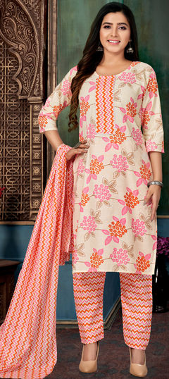 Casual White and Off White color Salwar Kameez in Cotton fabric with Straight Floral, Printed work : 1909167