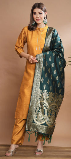 Yellow color Salwar Kameez in Blended Cotton fabric with Gota Patti work