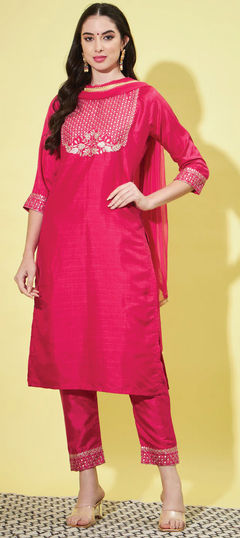 Pink and Majenta color Salwar Kameez in Blended fabric with Embroidered, Thread, Zari work