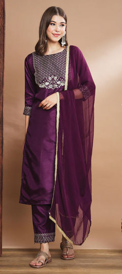 Purple and Violet color Salwar Kameez in Blended fabric with Embroidered, Thread, Zari work